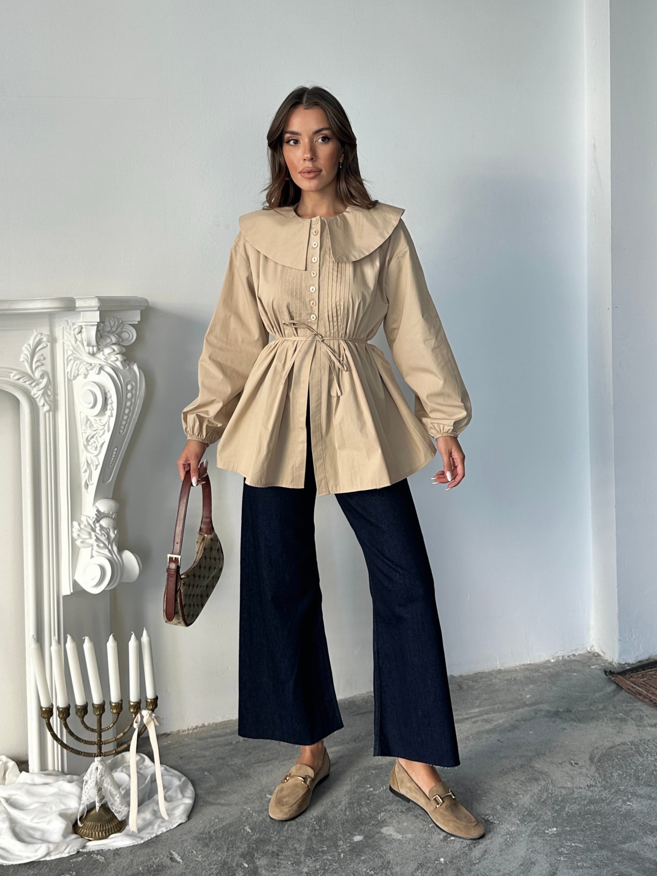 Geniş Yaka Poplin Gömlek - Bej