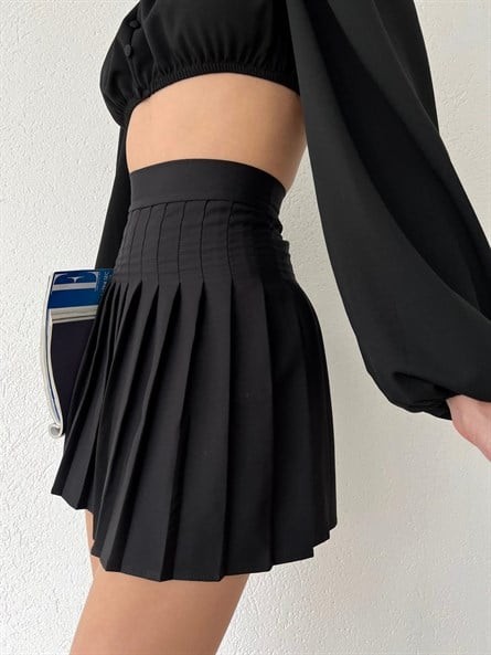 Pileli Mini Etek Siyah