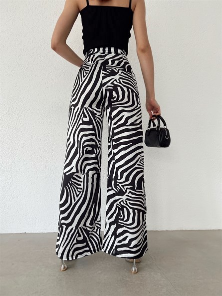 Desenli Bol Paça Saten Pantolon Zebra