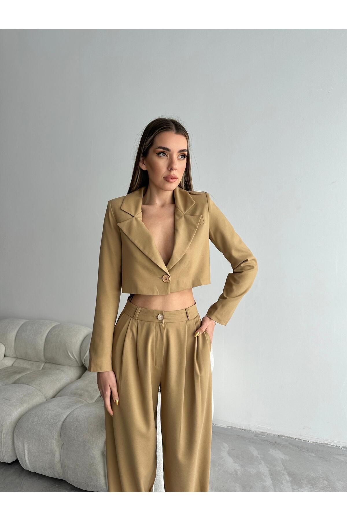 Tek Düğme Crop Blazer Vizon