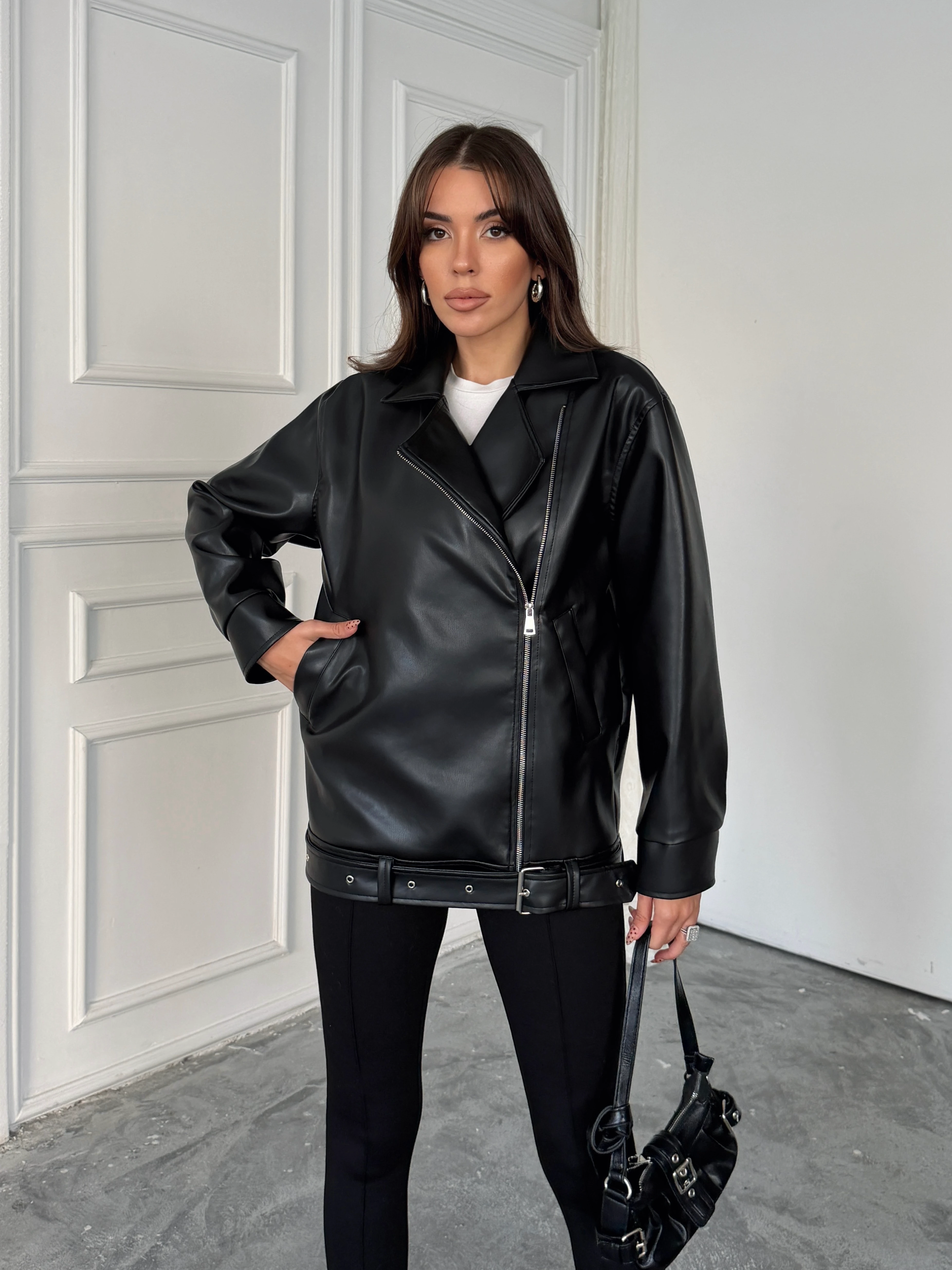 Kemerli Oversize Deri Ceket 