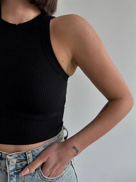 Halter Yaka Fitilli Crop Siyah