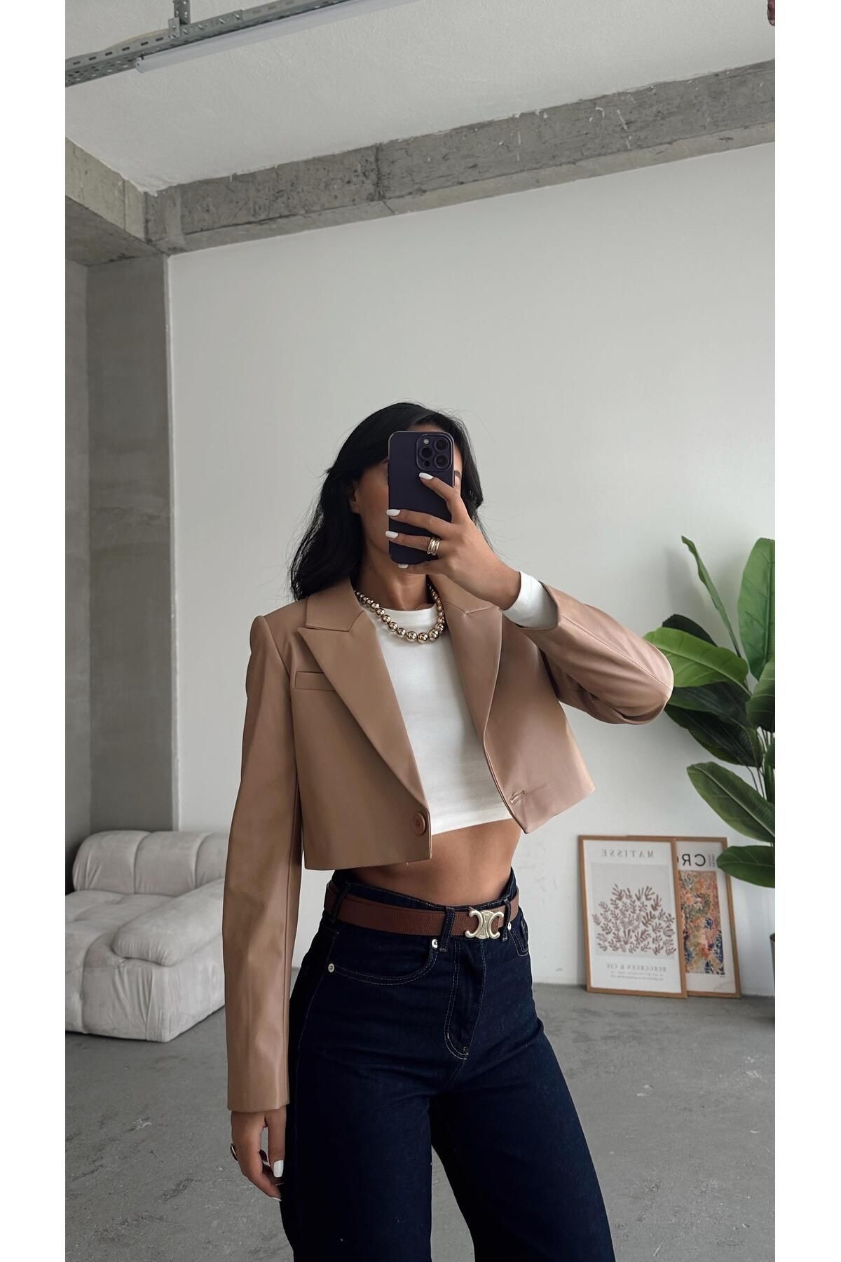 Crop Deri Blazer Ceket Vizon