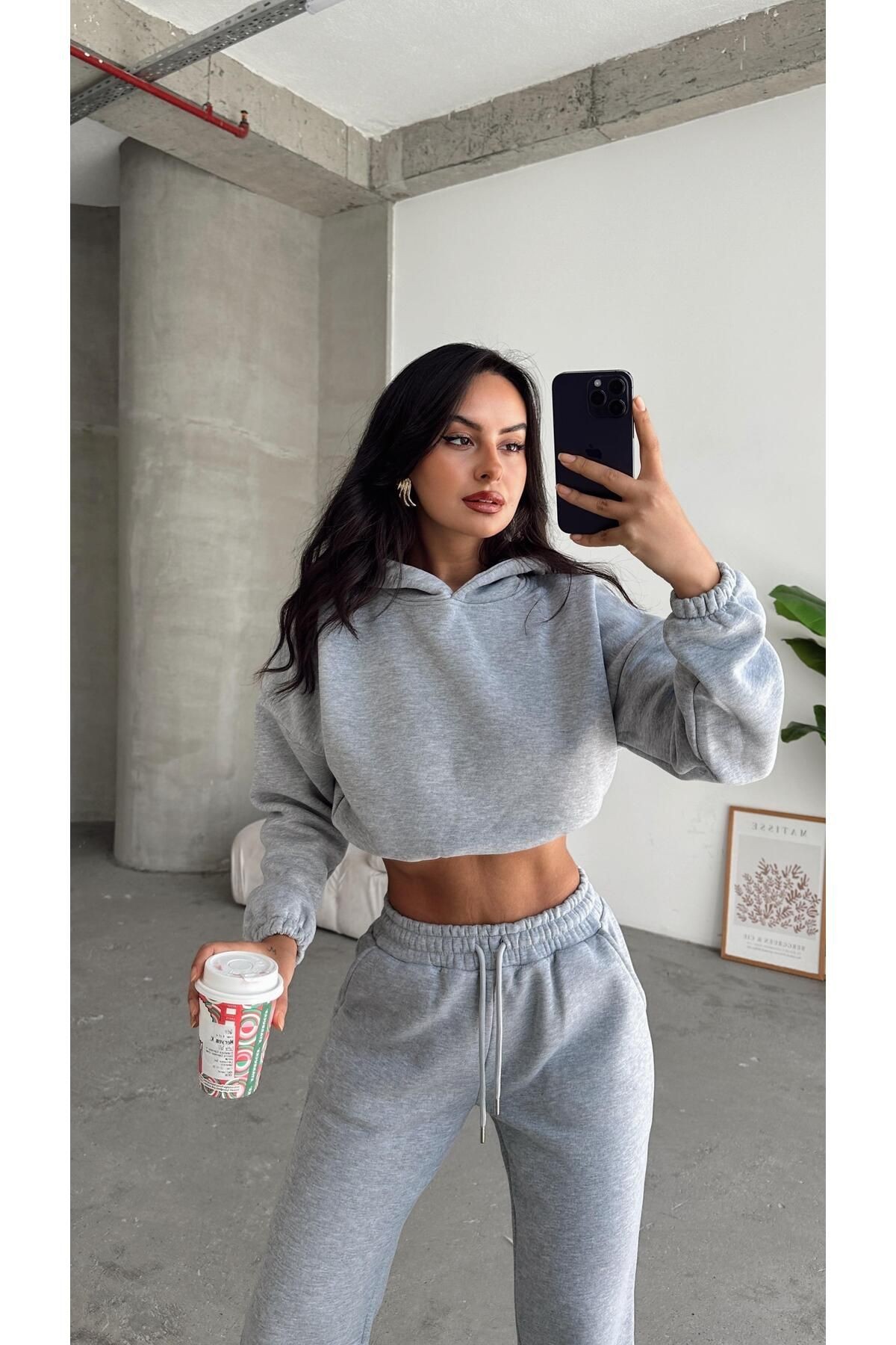 Kapüşonlu Crop Sweat Jogger Eşofman Takım Gri