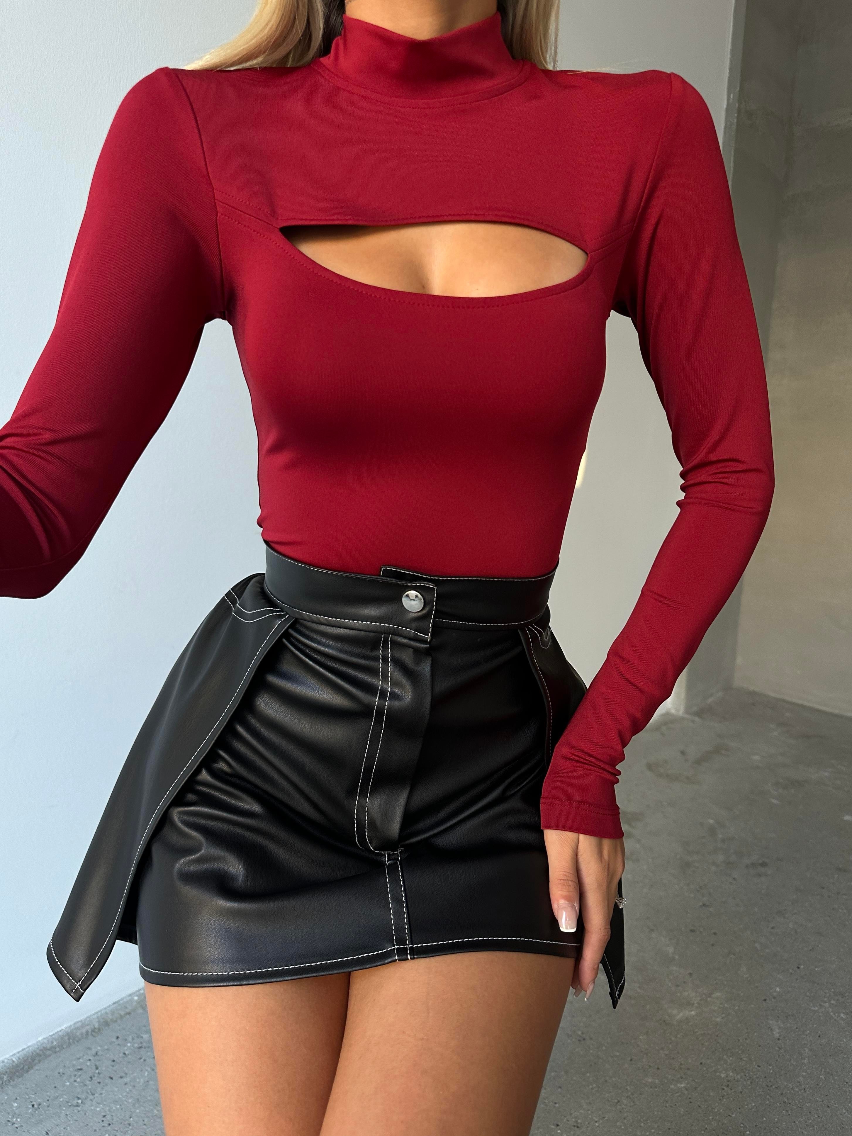 Göğüs Dekolte Bodysuit Bordo