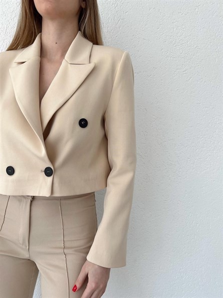 Düğmeli Kruvaze Crop Blazer Ceket Taş
