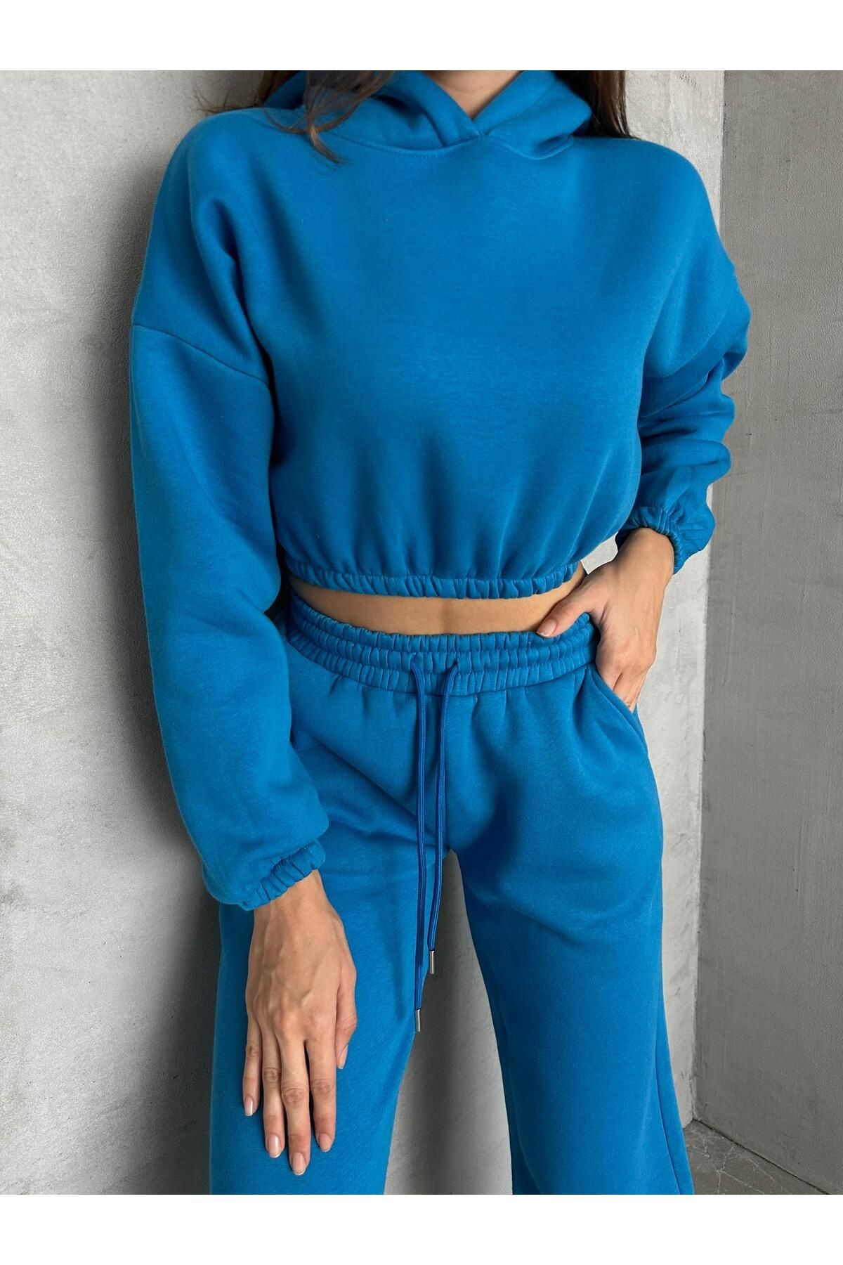 Kapüşonlu Crop Sweat Jogger Eşofman Takım Saks Mavi