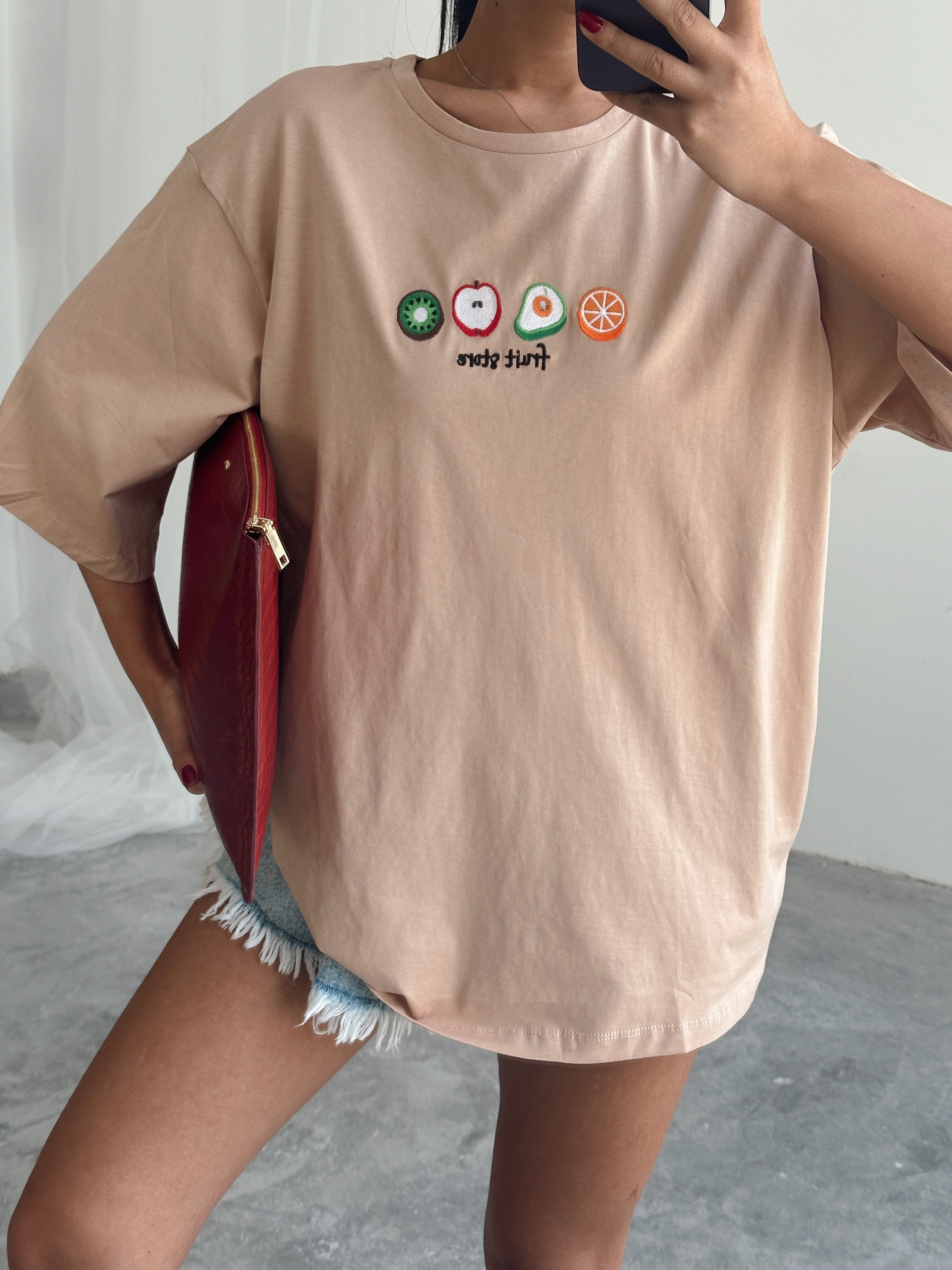Fruit Nakış Basic T-shirt Vizon