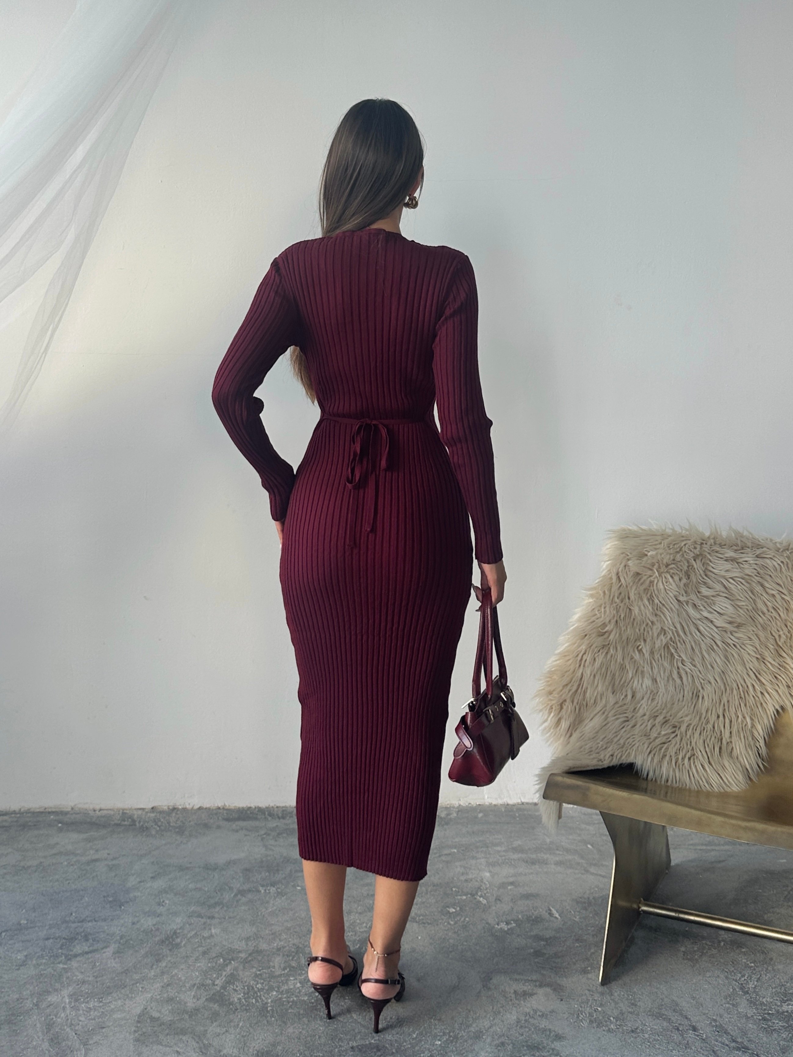 Bel Bağlama Triko Elbise - Bordo