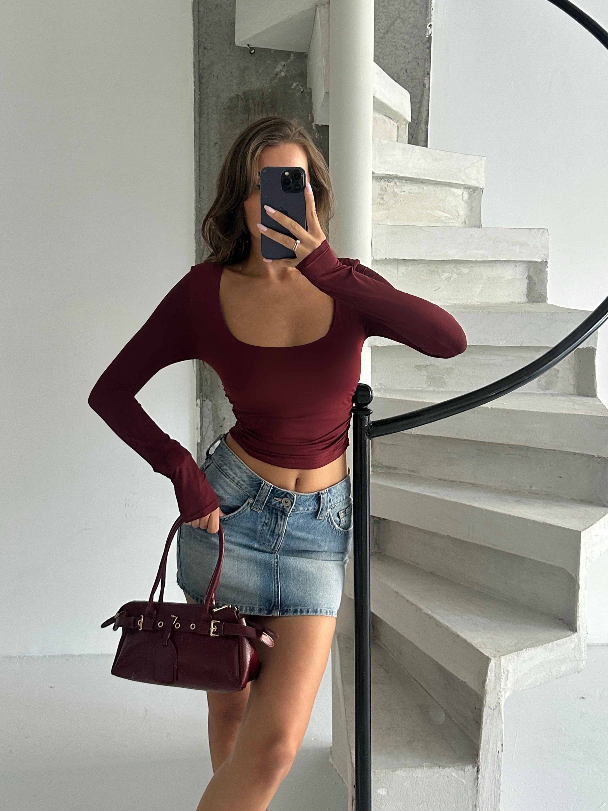 Kare Yaka Uzun Kol Bluz - Bordo