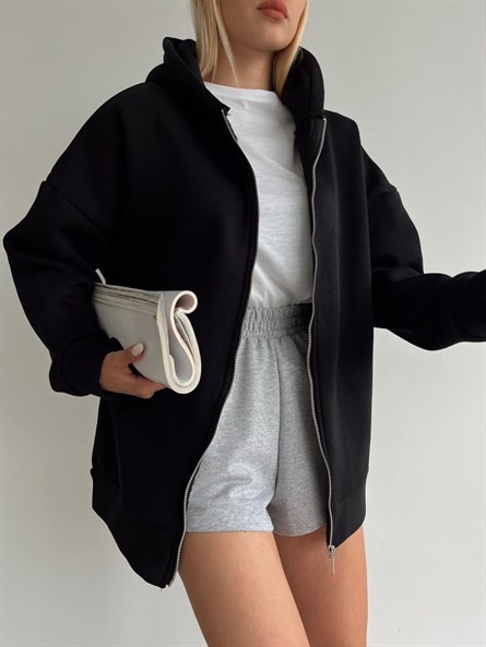 3 İplik Kapüşonlu Fermuarlı Sweatshirt Siyah