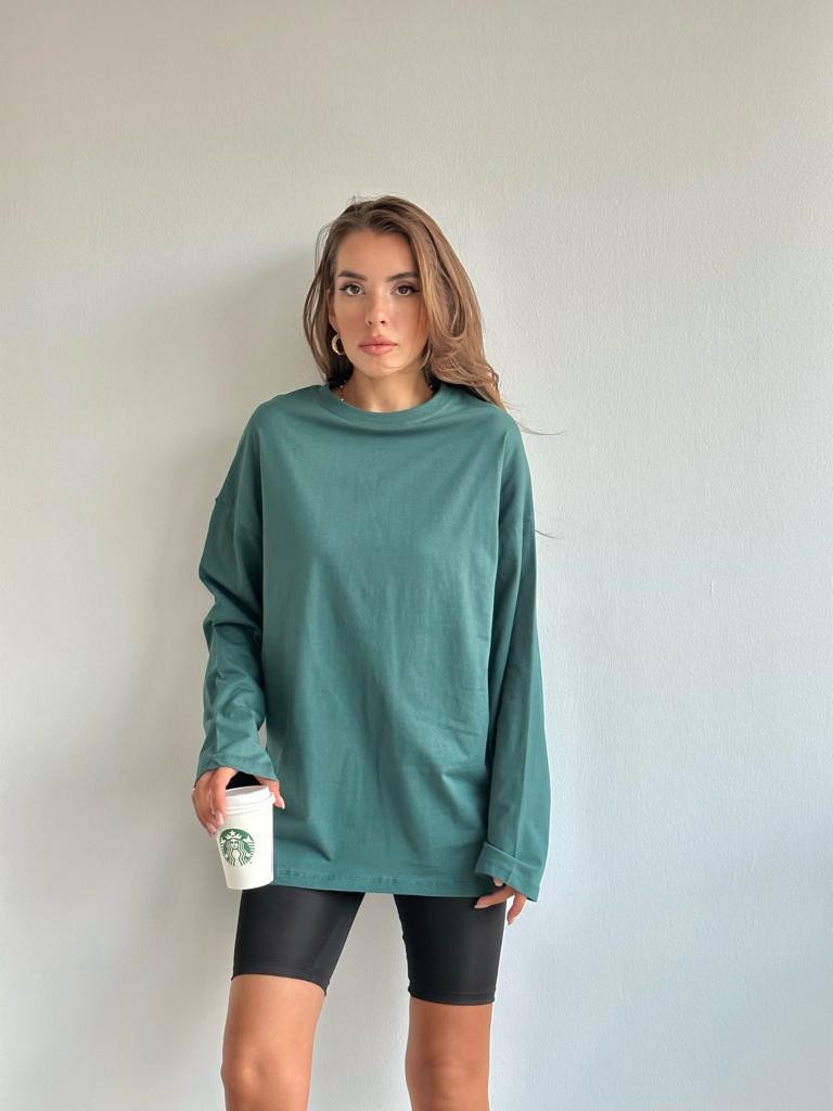 Pamuklu Uzun Kollu Oversize Tshirt Petrol Yeşili