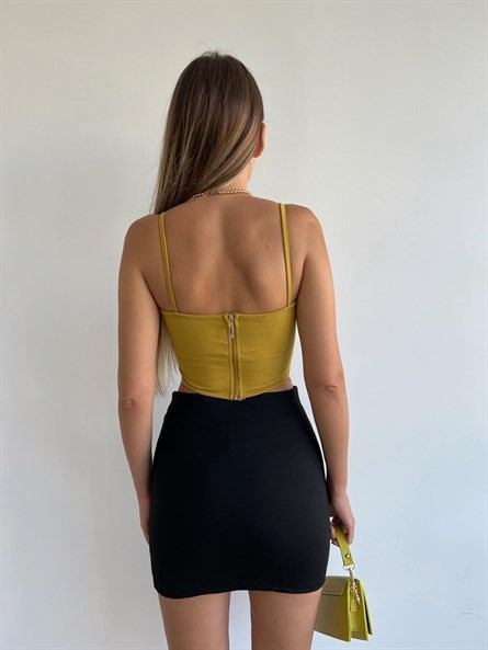Sırt Fermuar Korse Askılı Crop Yağ Yeşili