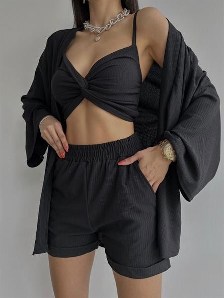 Üçlü Sun Kimono Takım Siyah