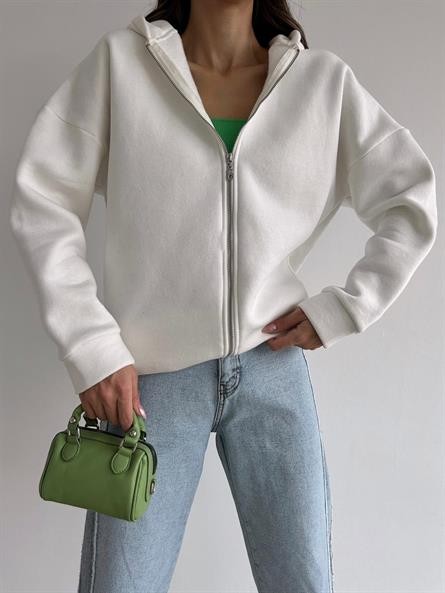 3 İplik Kapüşonlu Fermuarlı Sweatshirt Beyaz
