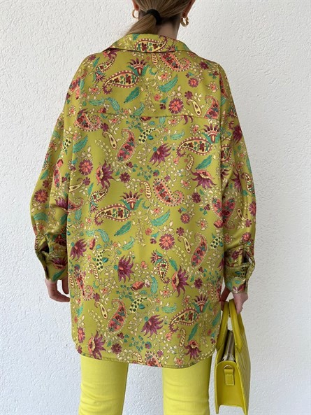 Bohem Desen Oversize Saten Gömlek Yeşil