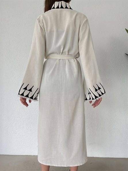Kol Püskül Etnik Uzun Keten Kimono Ekru