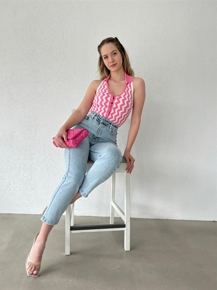 Polo Yaka Düğmeli Triko Bluz Pembe
