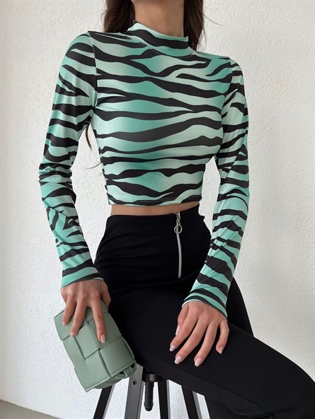 Dik Yaka Wave Scuba Crop Yeşil-Siyah