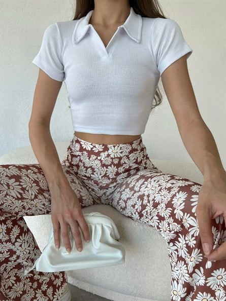 Polo Yaka Kaşkorse Crop Beyaz