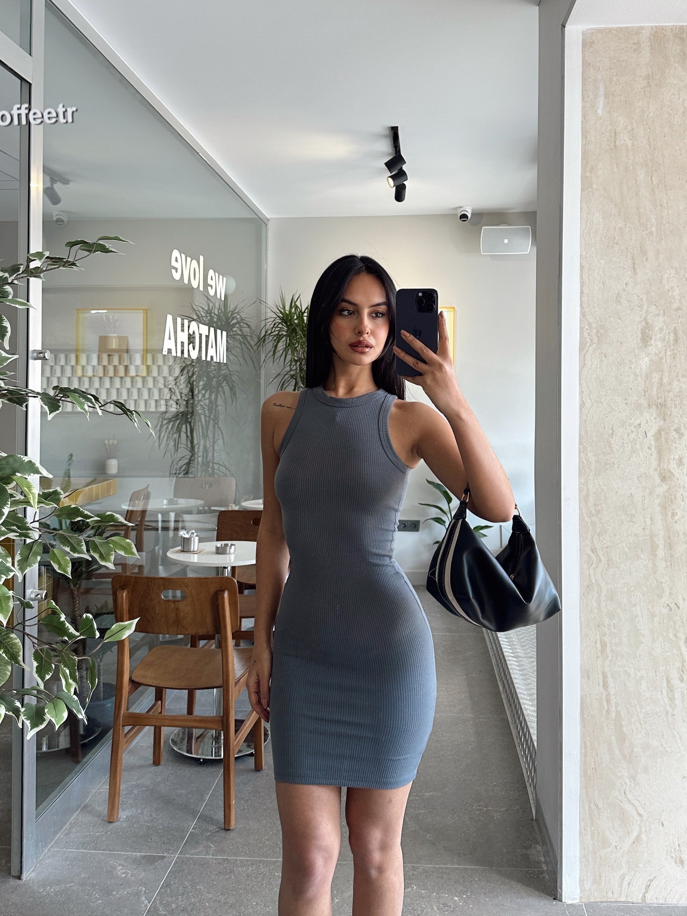 Halter Yaka Fitilli Elbise Füme