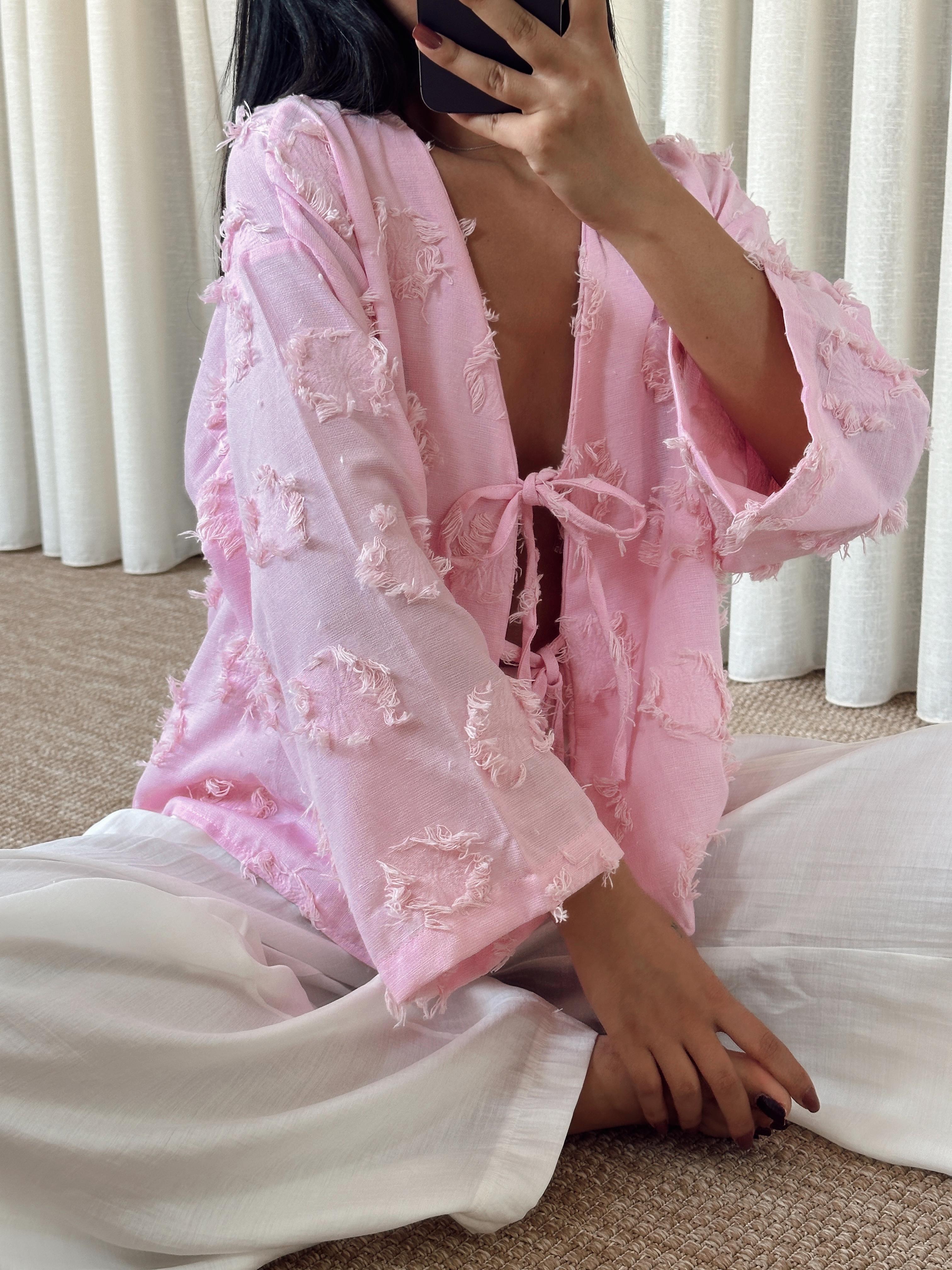 Püskül Detaylı Bağlamalı Kimono - Pembe