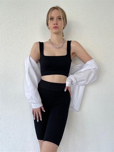 Seamless Fitilli Spor Crop Top Siyah