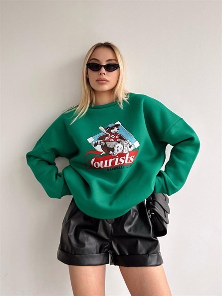 Tourists Baskı Oversize Sweatshirt Yeşil