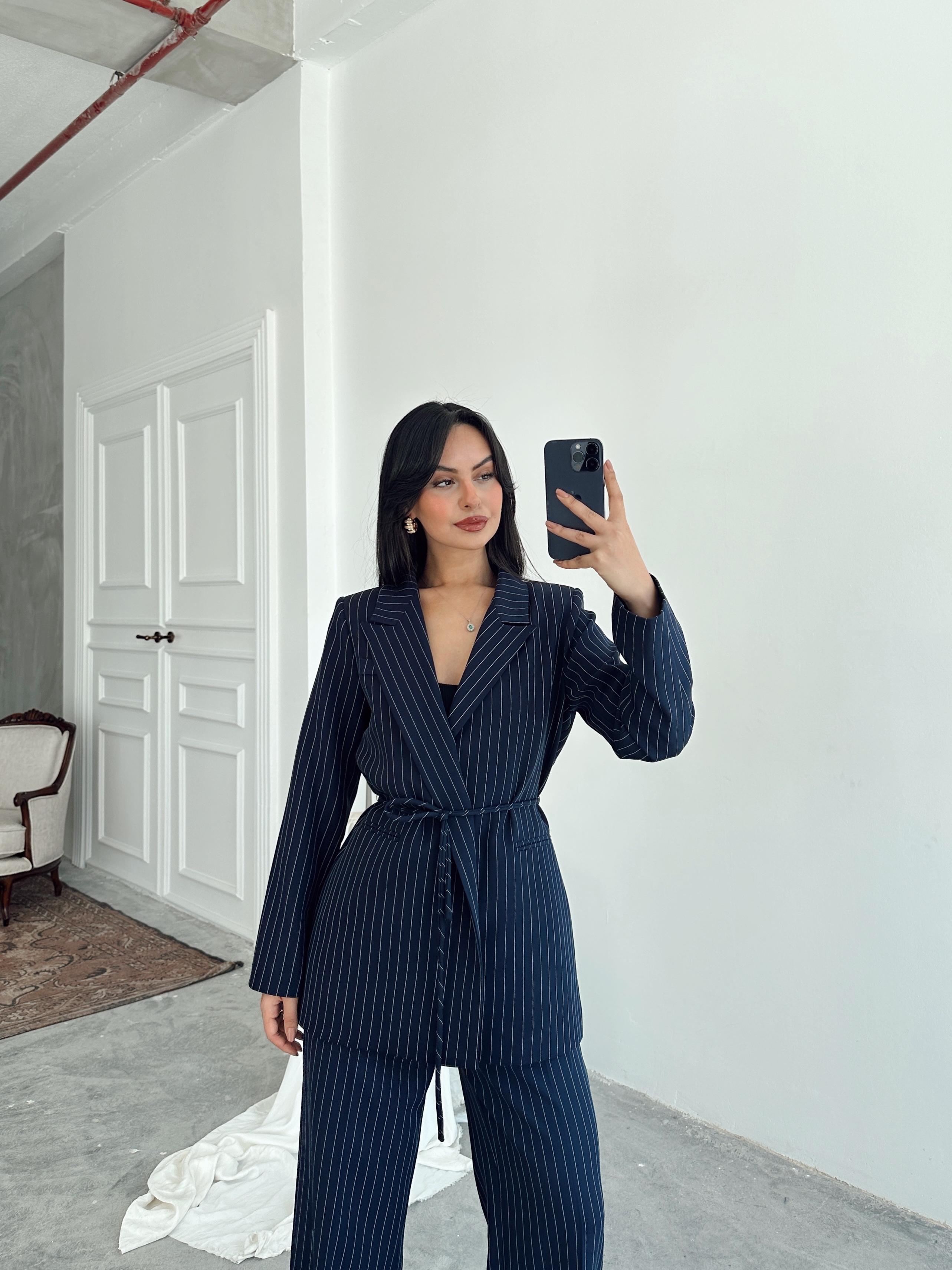 Bel Bağlama Line Blazer Ceket - Lacivert