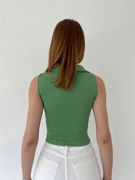 Polo Yaka Ön Büzgü Crop Yeşil
