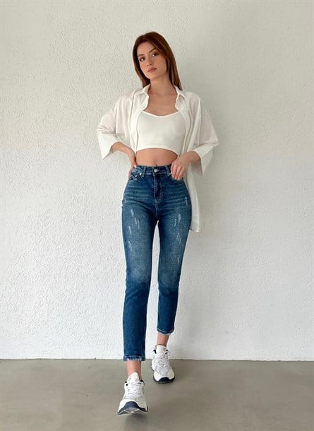 Yüksek Bel Tırnaklı Mom Jean Lacivert