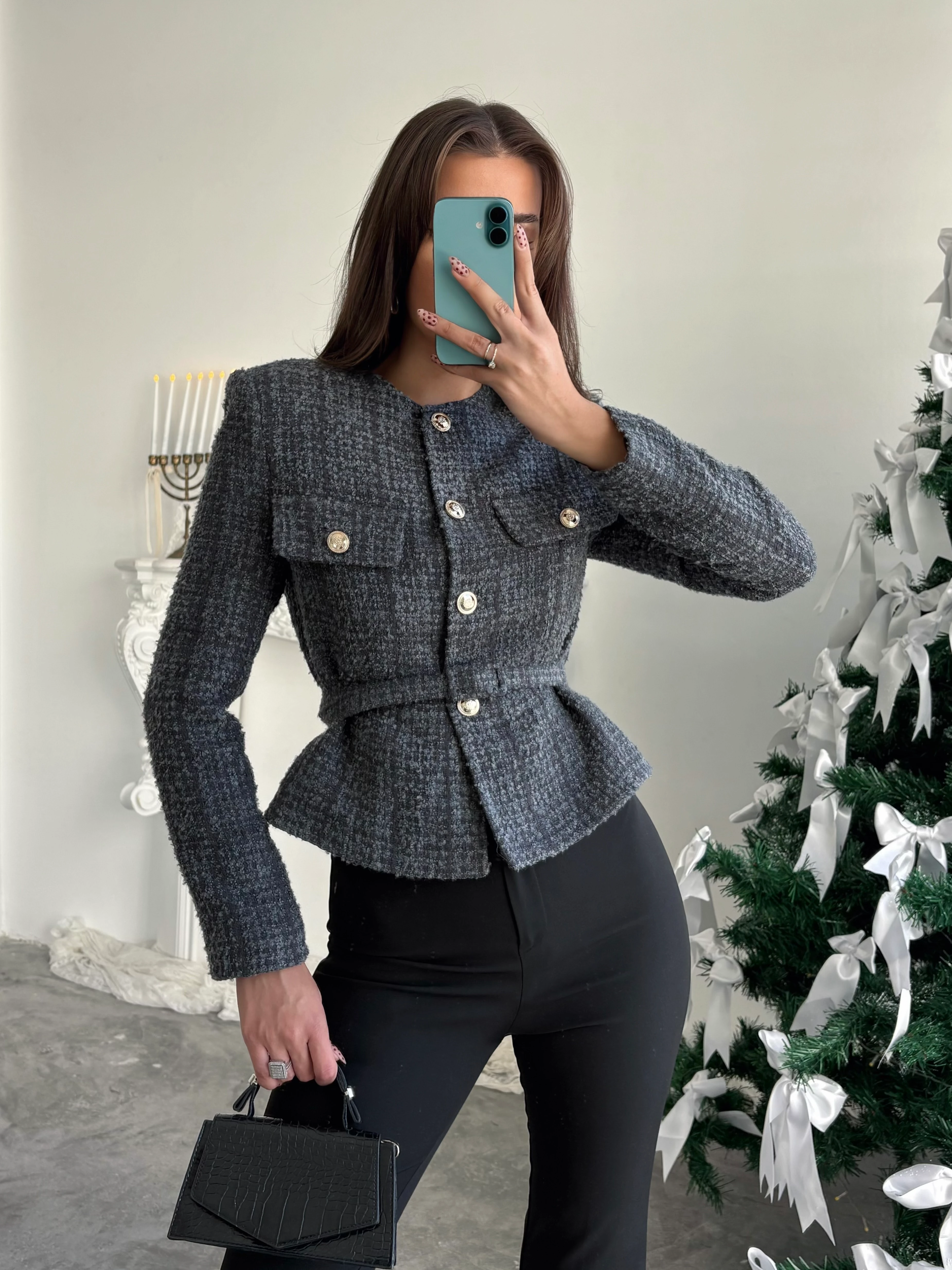 Kemer Detaylı Düğmeli Ceket - Füme