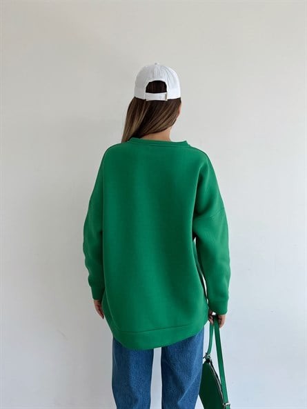 Wellness İşleme Nakışlı Oversize 3 İplik Şardonlu Sweatshirt Yeşil