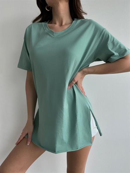 V Yaka Yan Yırtmaç Oversize Basic Mint