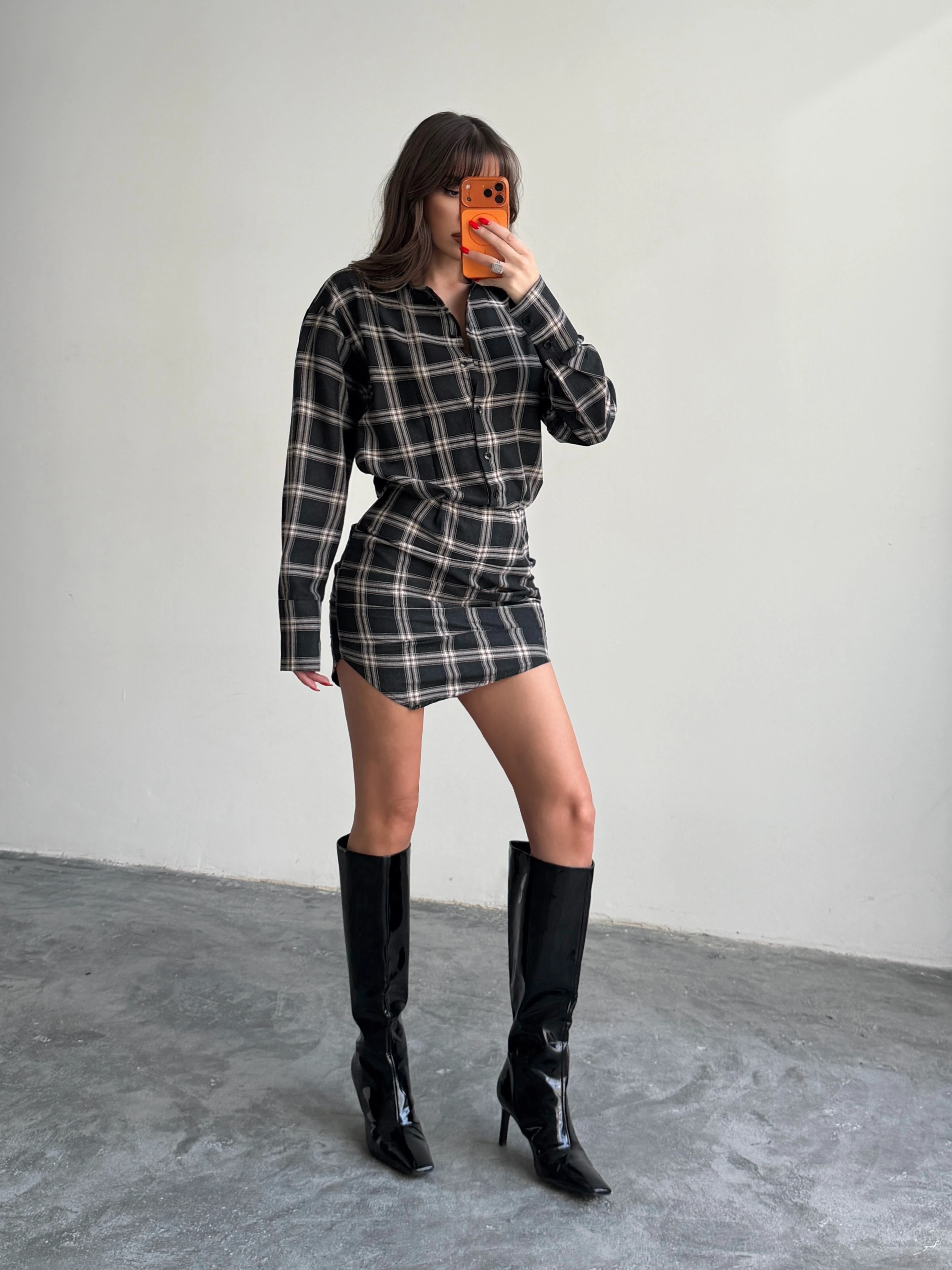 Ekose Gömlek Elbise  - Siyah