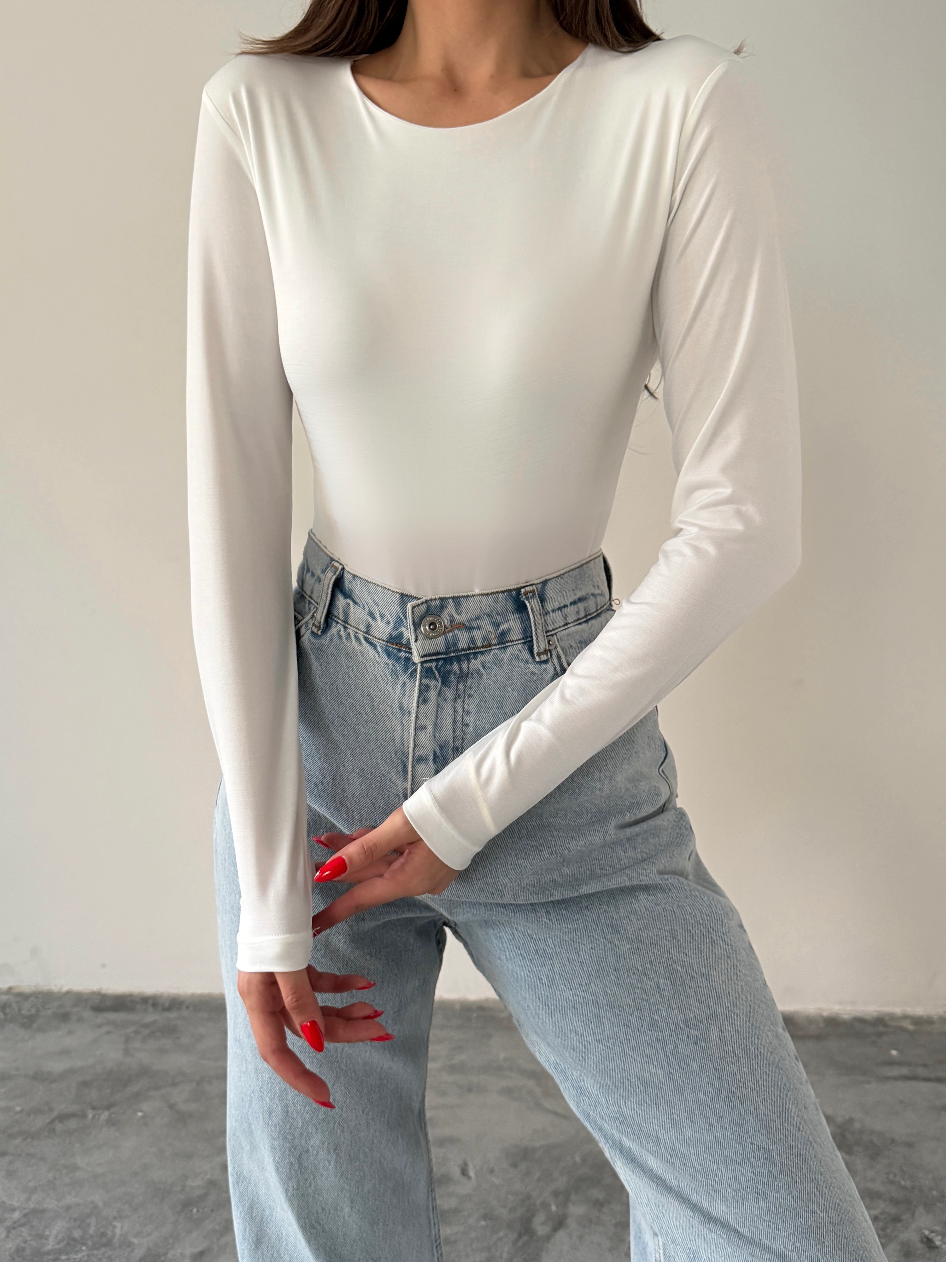 Bisiklet Yaka Bodysuit - Beyaz