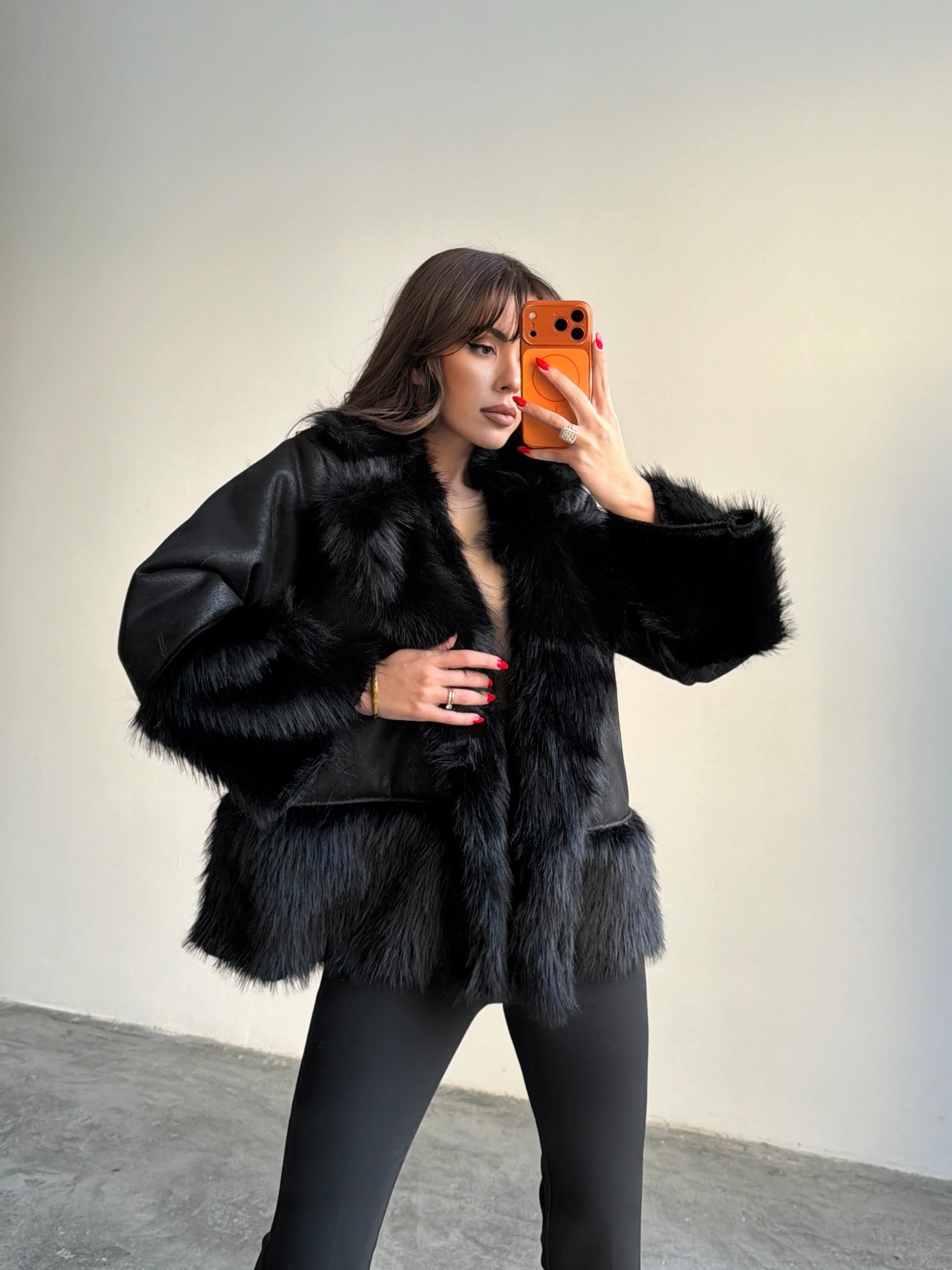 Kürklü Süet Kaban - Siyah