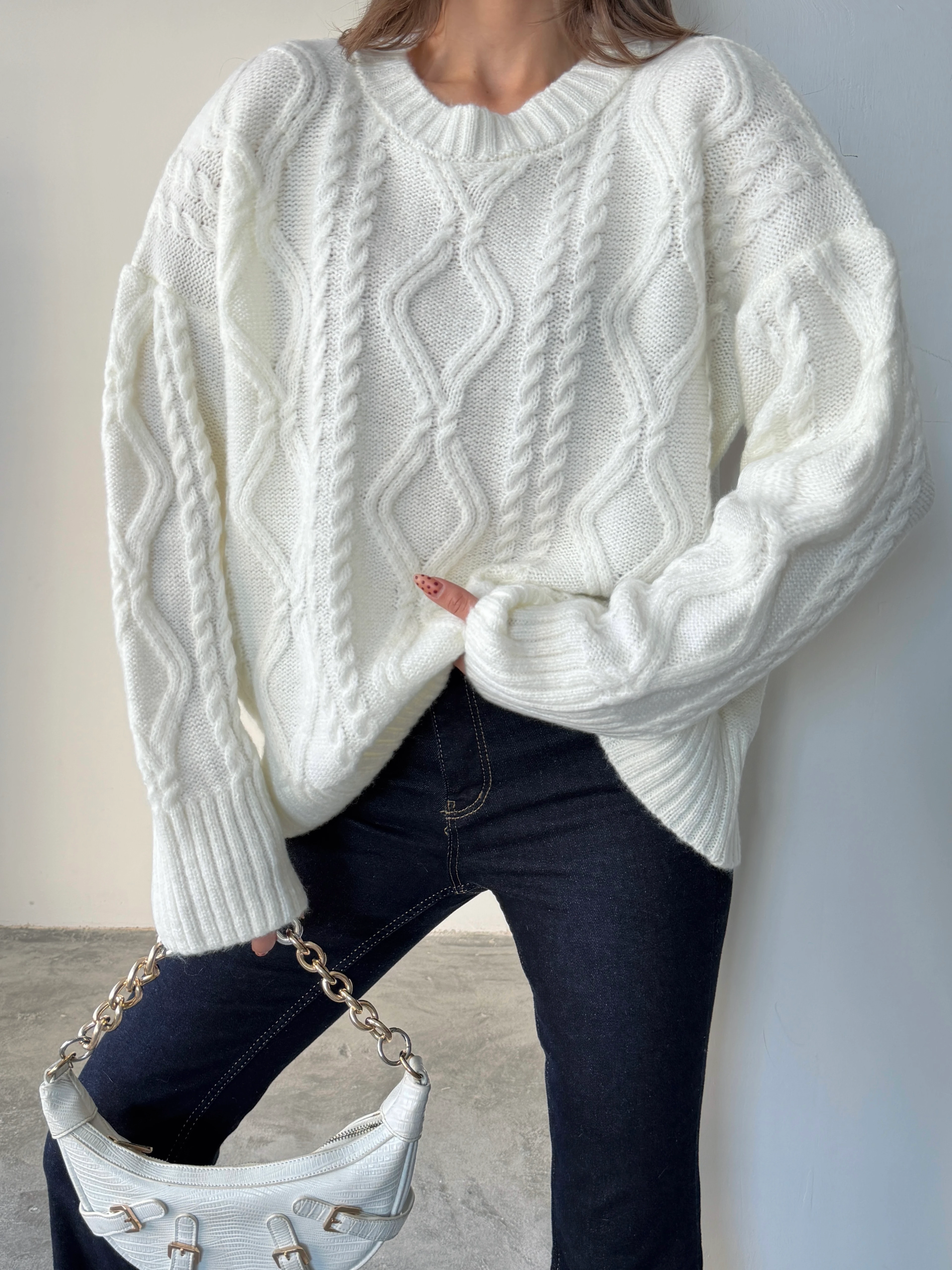 Saç Örgü Desenli Yıkamalı Triko - Ekru