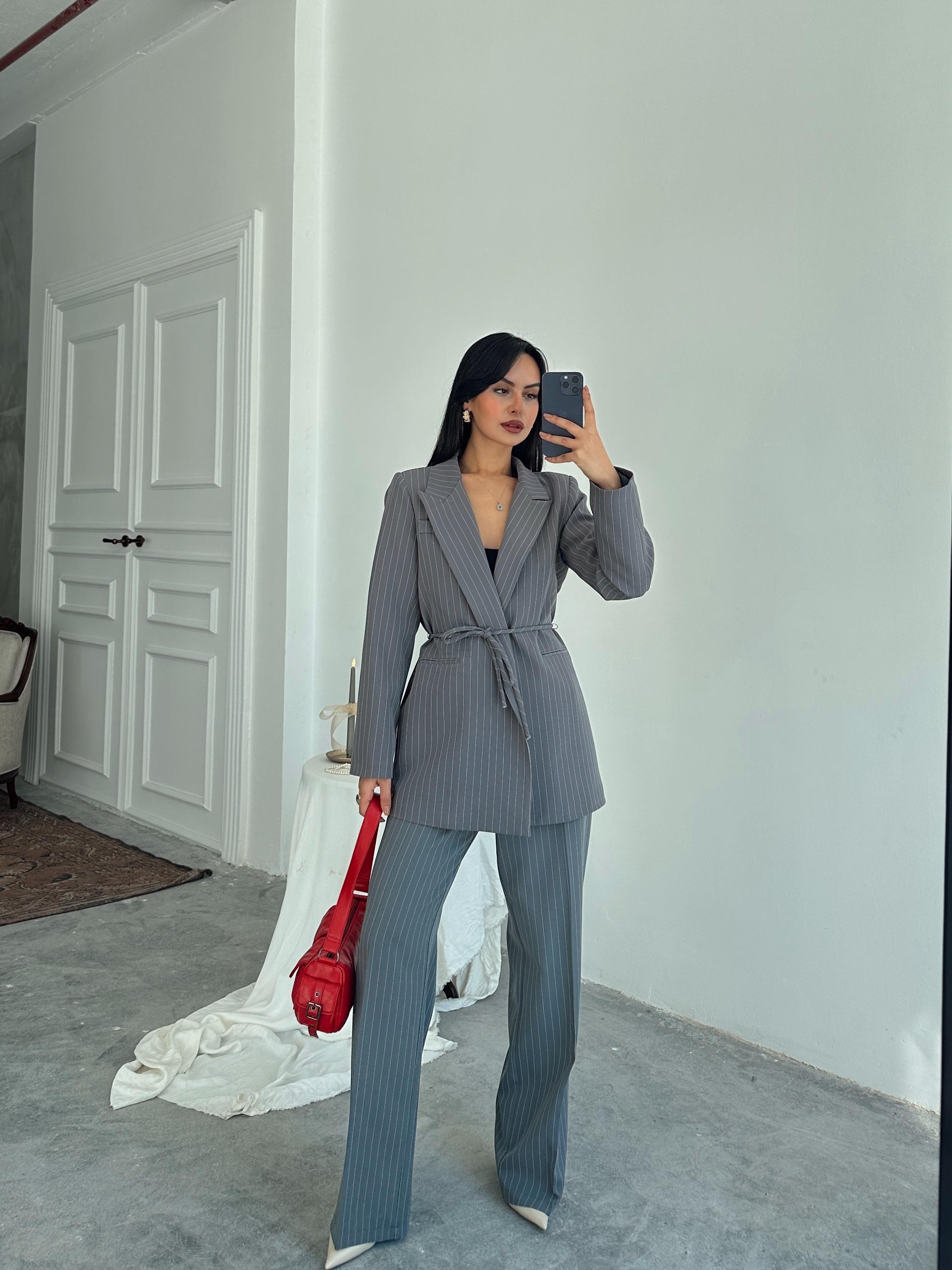 Bel Bağlama Line Blazer Ceket - Füme