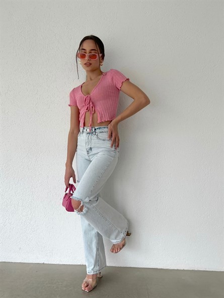 Ön Bağlamalı Fitilli Bluz Pembe