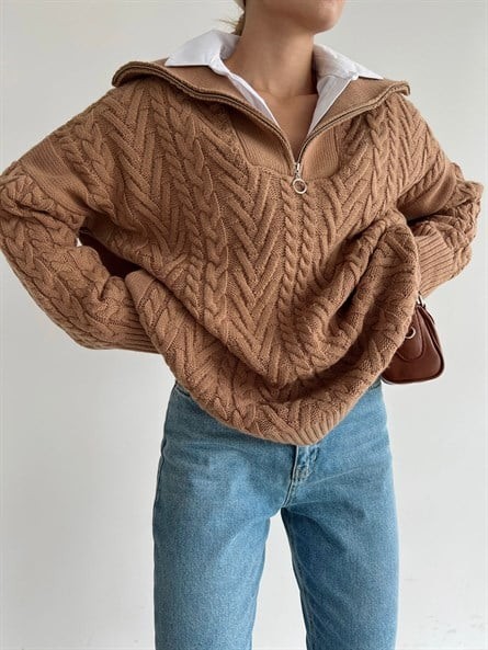 Fermuar Yaka Örgü Oversize Kazak Taba