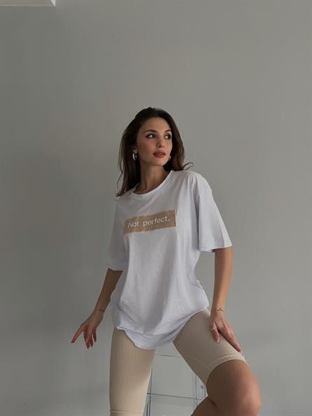 Not Perfect İşleme Oversize Basic Beyaz-Taş