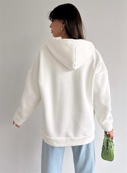 3 İplik Kapüşonlu Fermuarlı Sweatshirt Beyaz