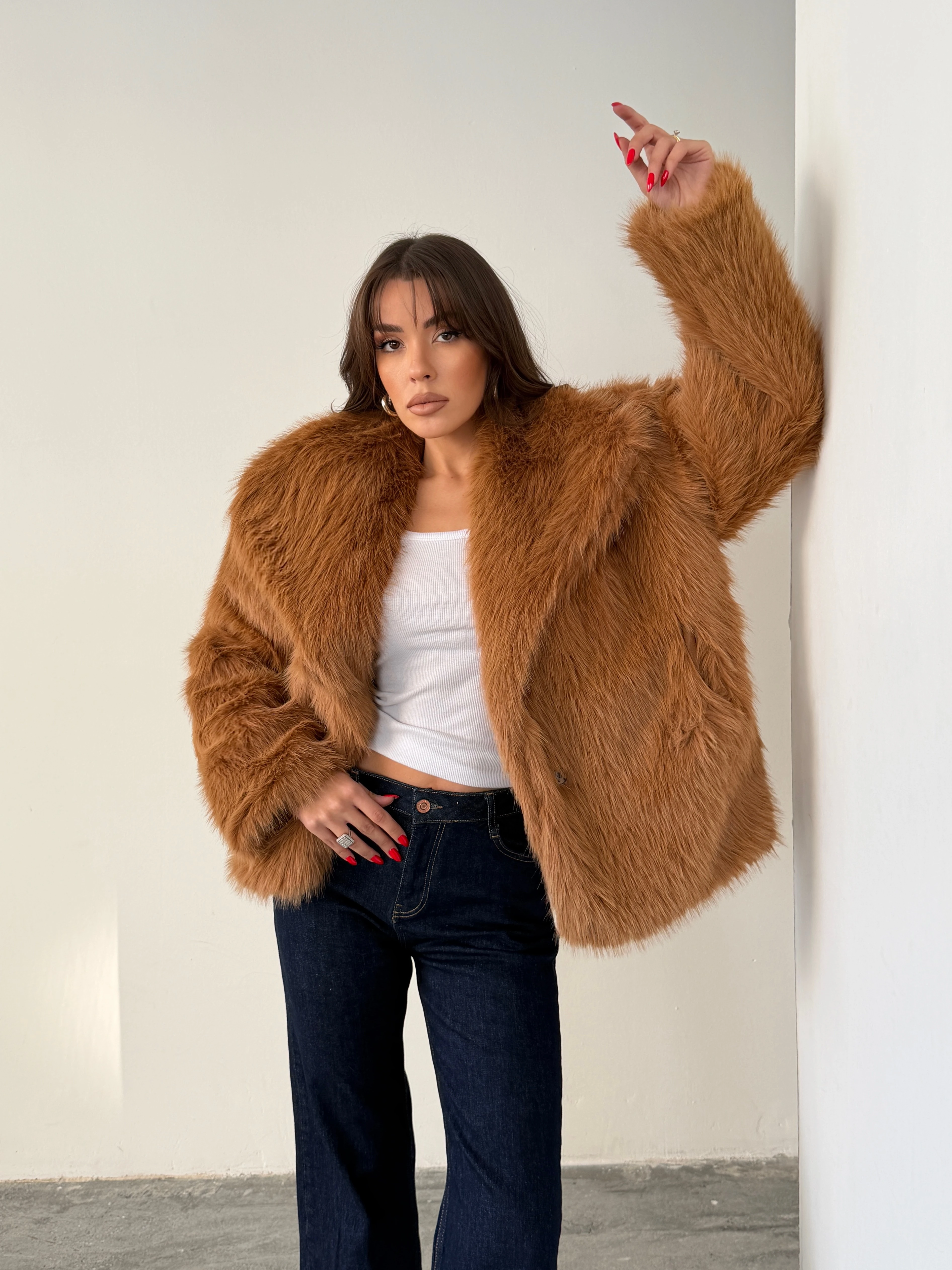 Çıtçıtlı Suni Kürk Ceket - Taba