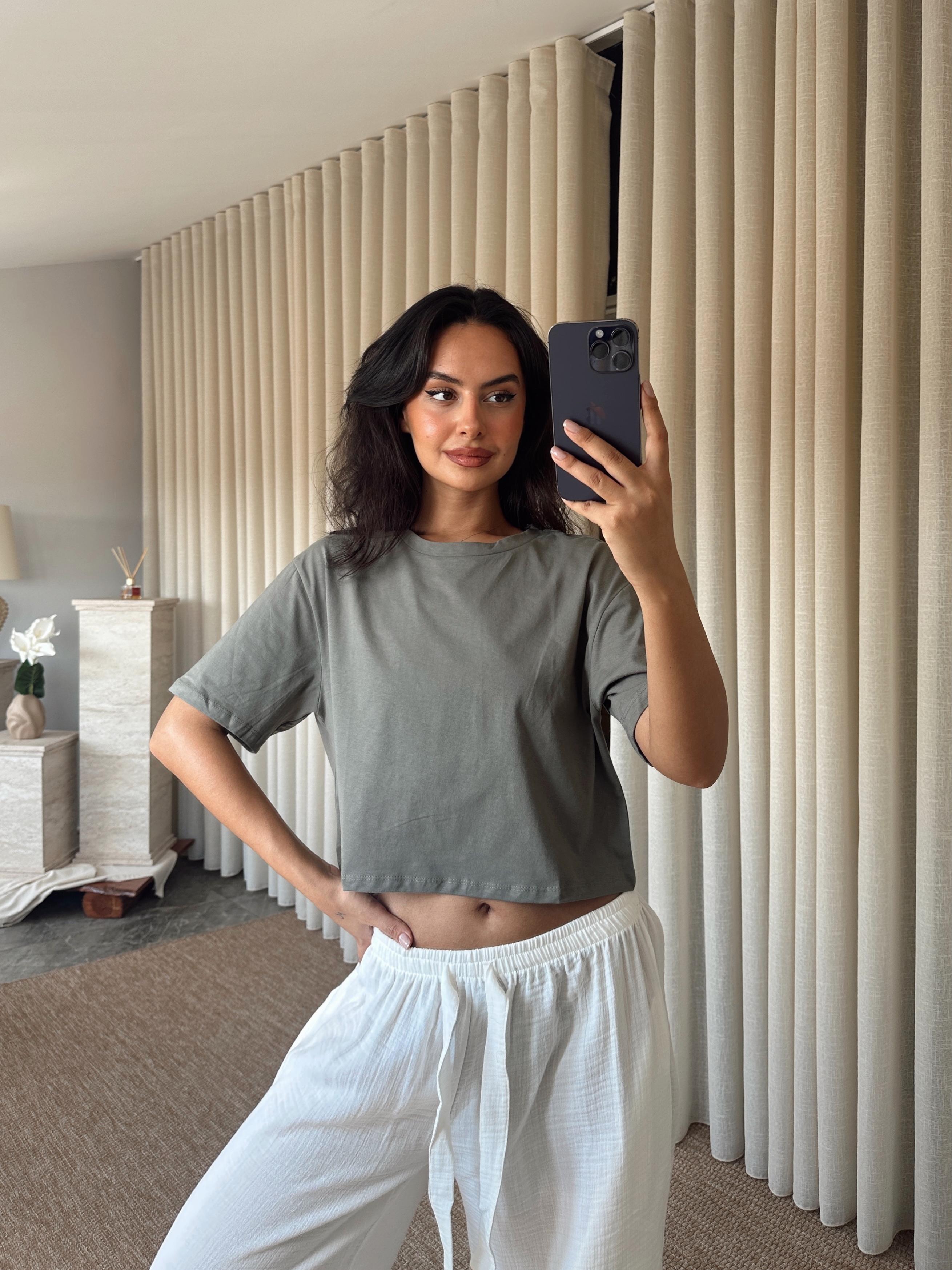 Düz Kısa Kol Crop Basic - Haki