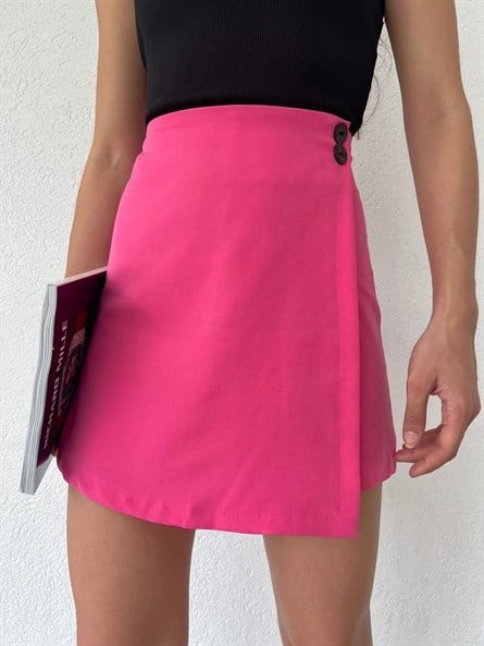 Düğme Detay Asimetrik Şort Etek Pembe