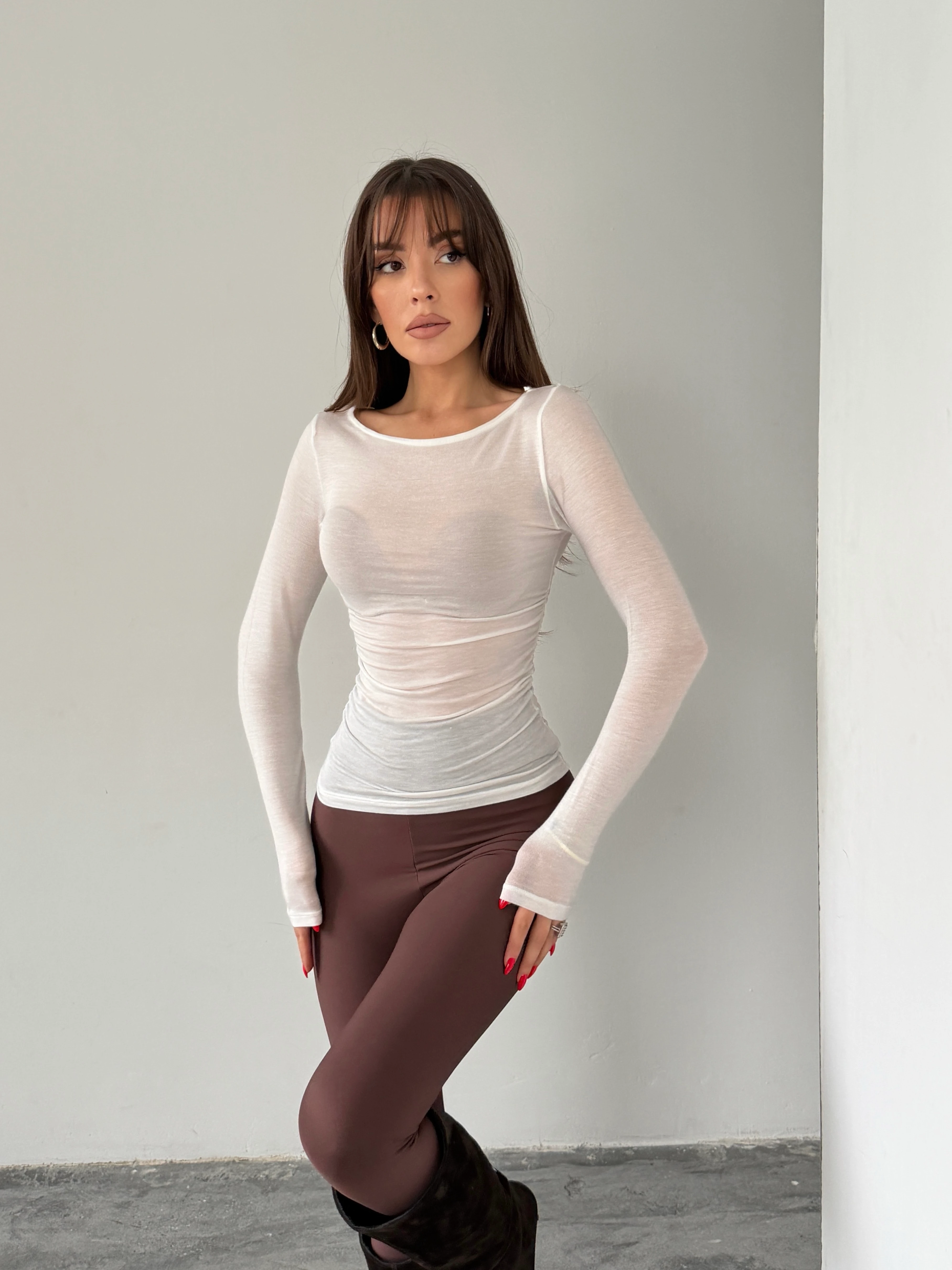 Yanı Büzgülü Transparan Bluz - Beyaz