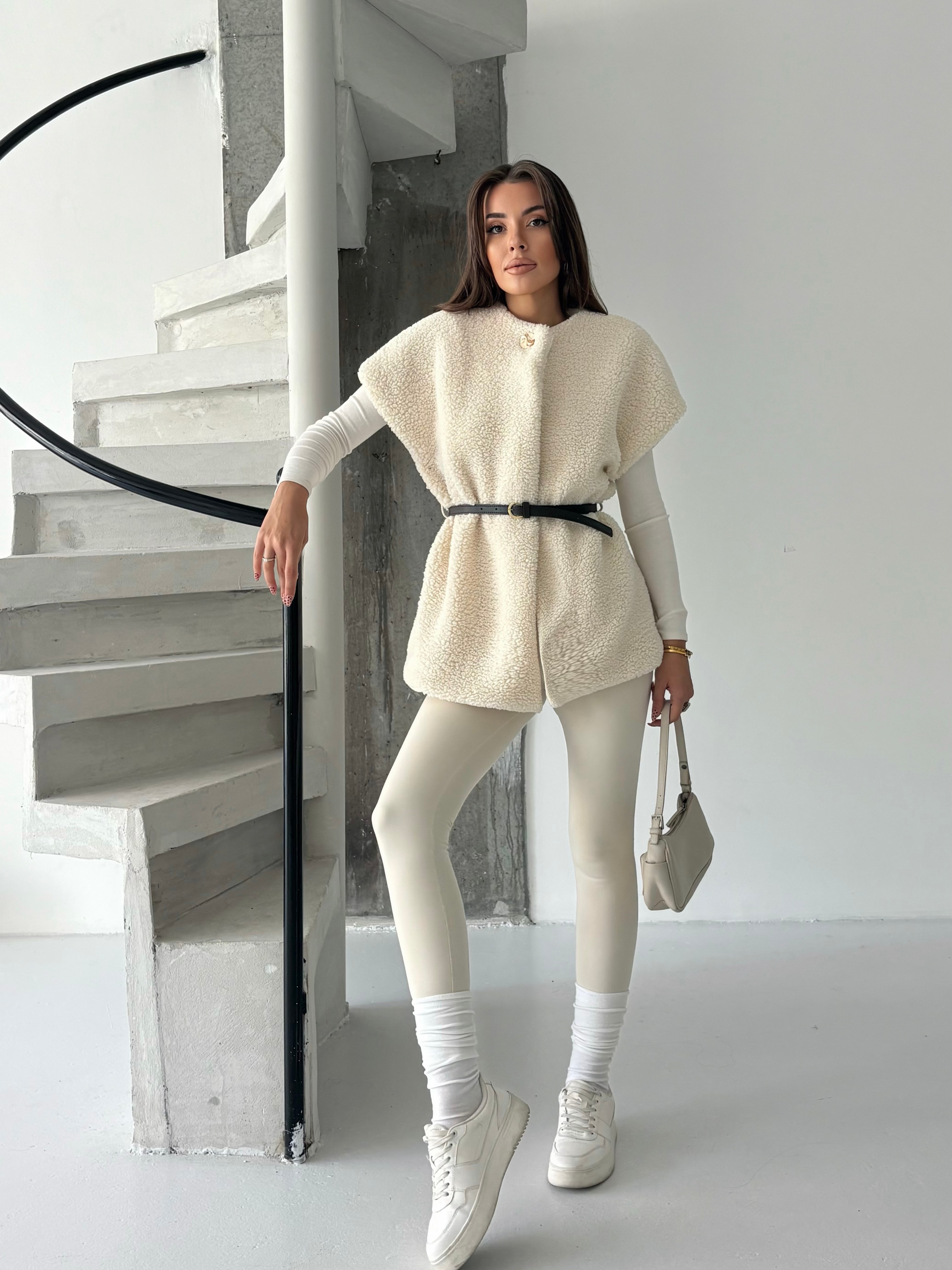 Kemerli Kürk Yelek - Ekru