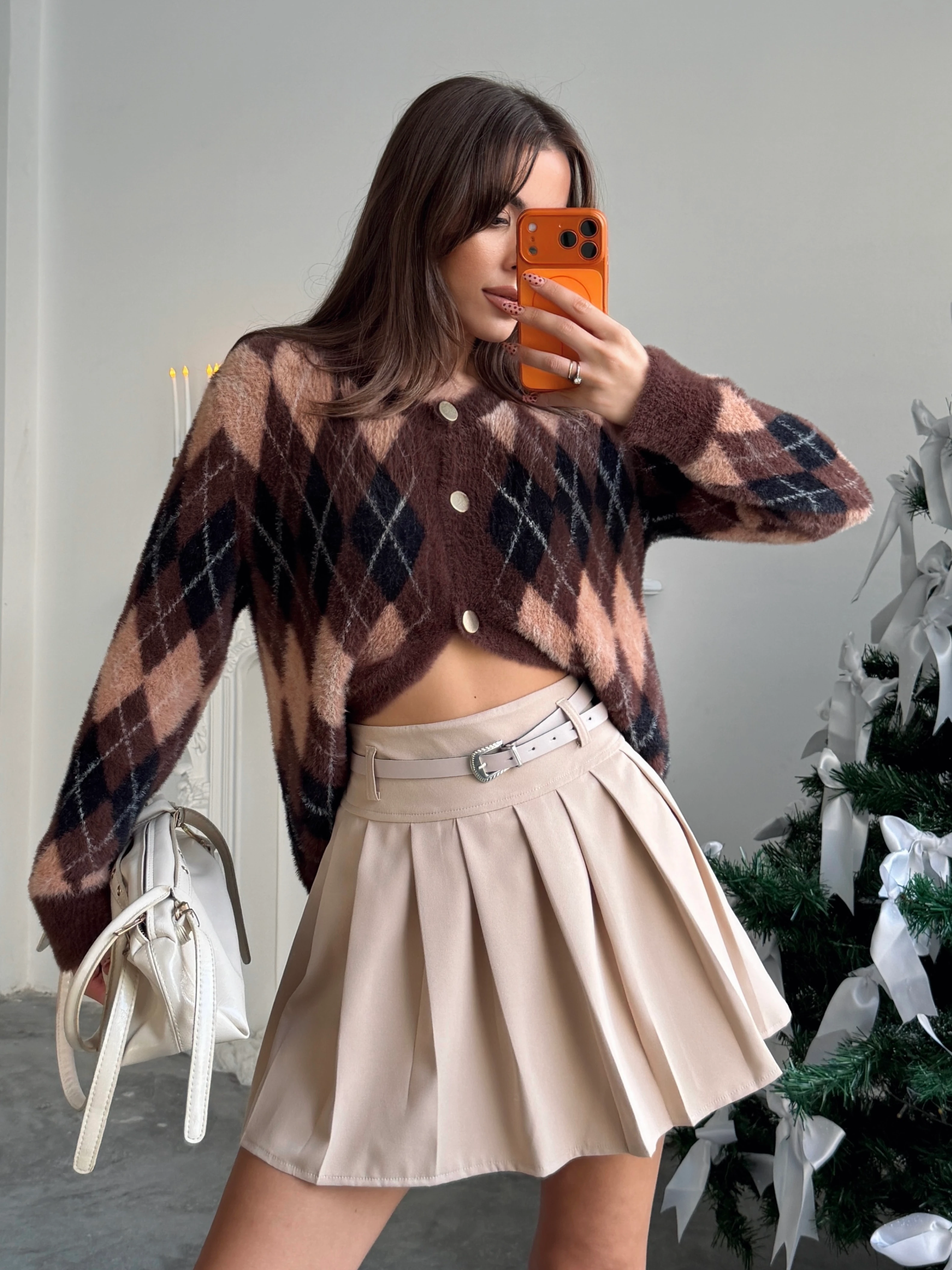 Kemerli Pileli Mini Etek - Taş