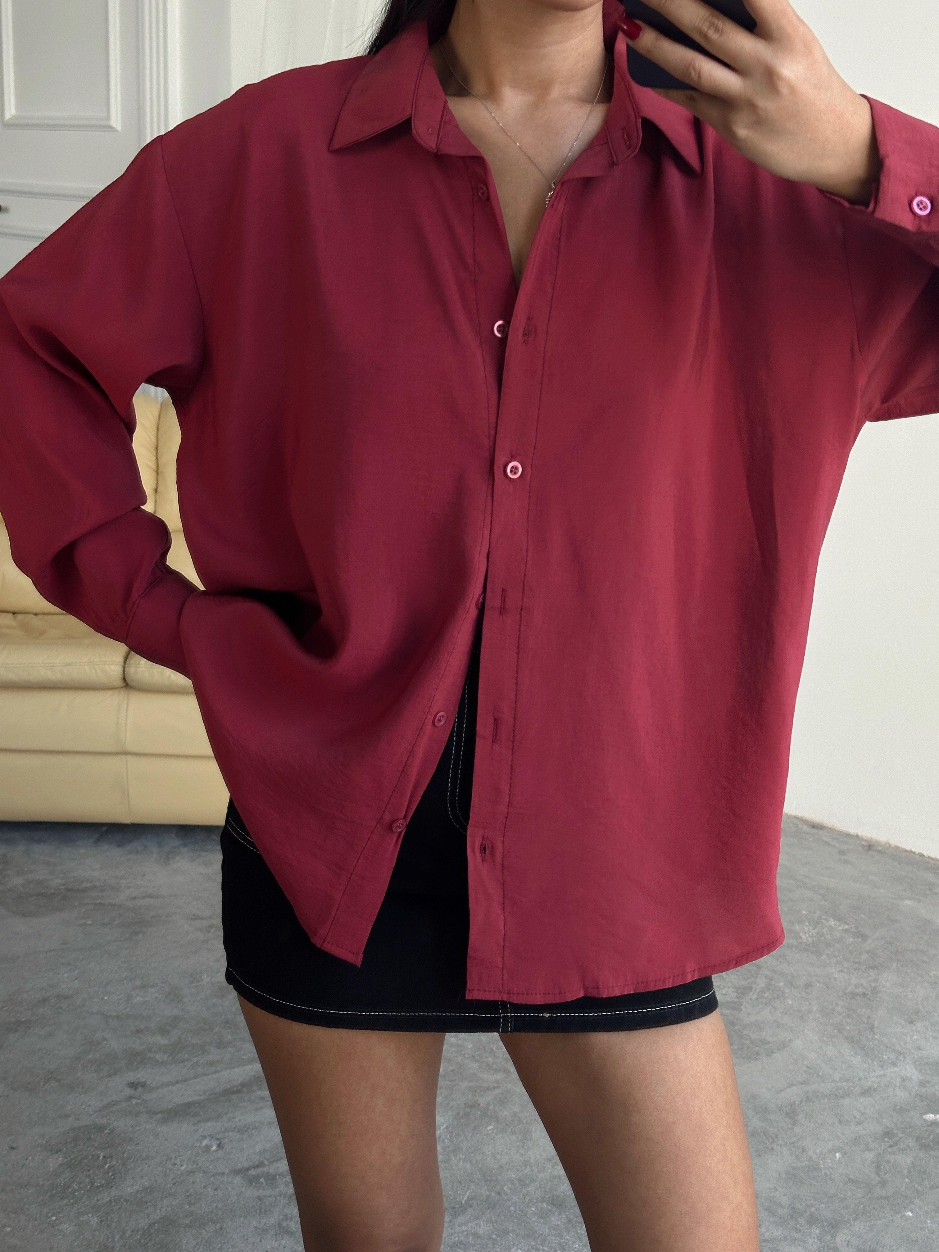 Oversize Modal Gömlek - Bordo
